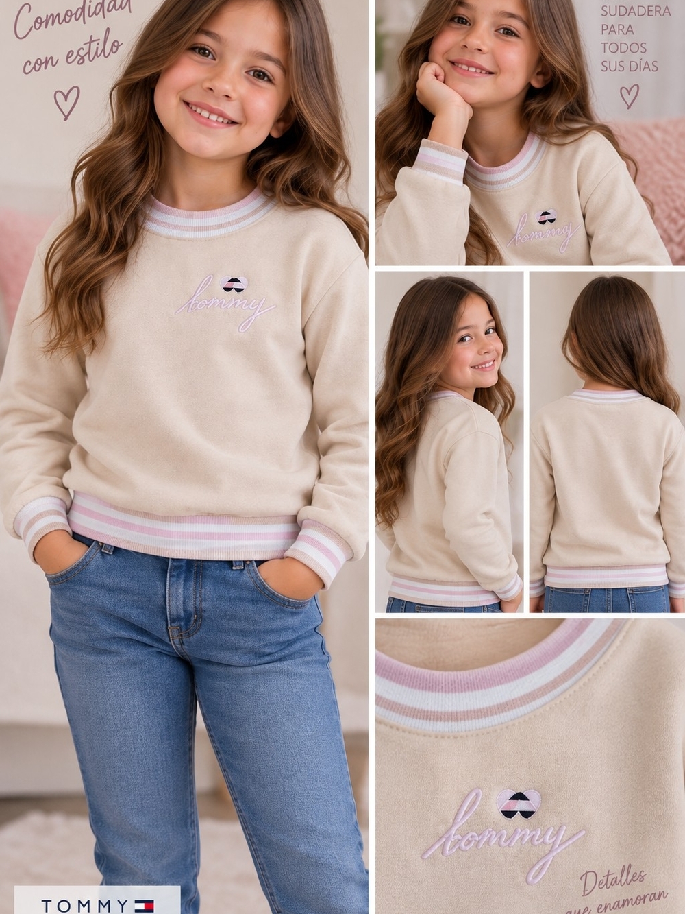 Tommy Hilfiger Cream Sweatshirt with Pink & White Trim - Girls